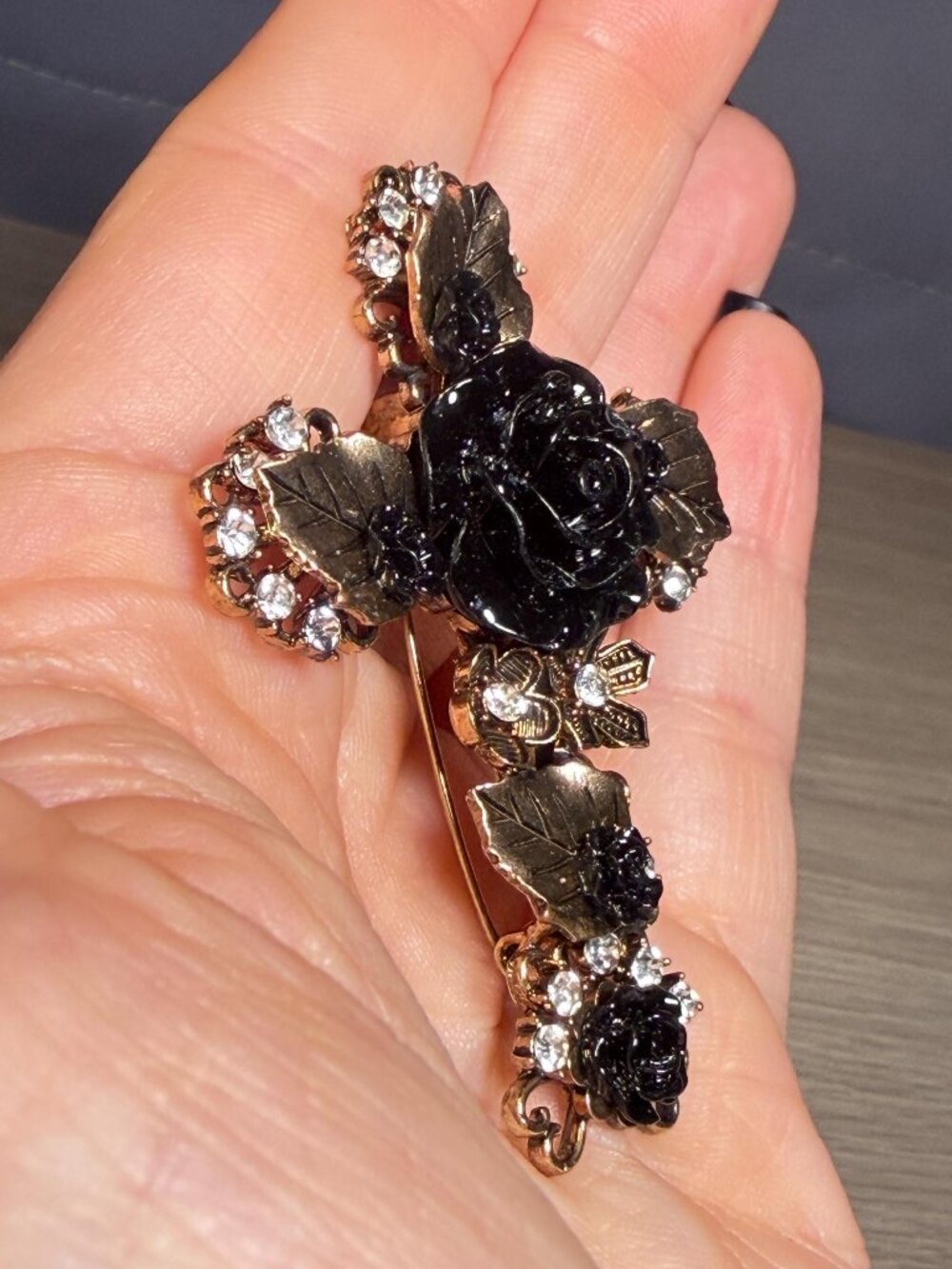 Cross Brooch Black Rose Rhinestone Gold Tone Gothic OOAK 2.75” - Picture 4 of 10